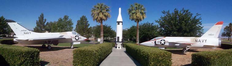 Douglas F4D-1 Skyray, Polaris missile, and Grumman F11F-1 Tiger at entrance to U.S. Naval Museum of Armament & Technology 