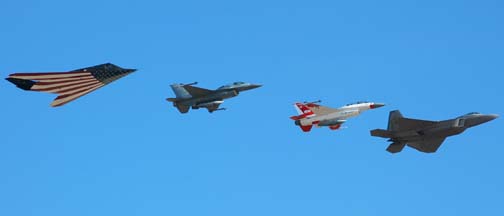 F-22A EMD Raptor 91-4009, F-16D Block 40A Fighting Falcon 87-0392, F-16B Block 15AQ OCU Fighting Falcon 92-0455, and F-117A FSD Stealth Fighter, 79-10782