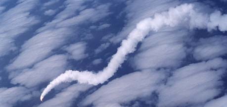 X-43A stack spins to destruction over the Pacific Ocean on June 2, 2001. NASA photograph EC01-0182-11