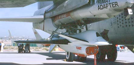 HiMat on the X-15 pylon of NB-52B, 52-0008 at Edwards AFB Open House, November 8, 1987