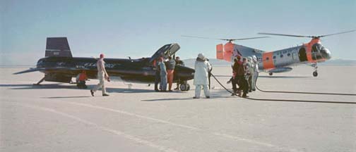 Ground crew tends to X-15 on Rogers Dry Lake