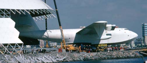 Howard Hughes' Flying Boat is moved into its new hangar